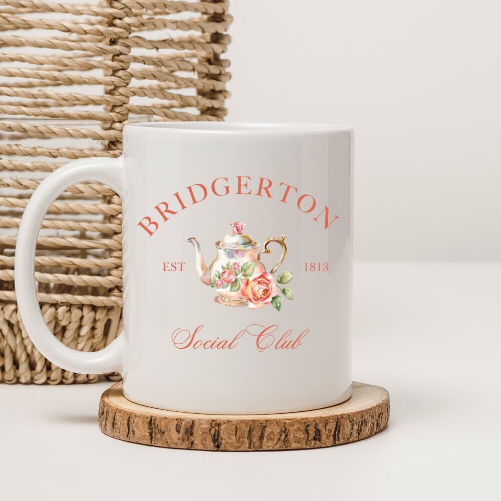 Bridgerton 15 oz Coffee Mug TV Show Social Club Teapot Floral Society Papers 07